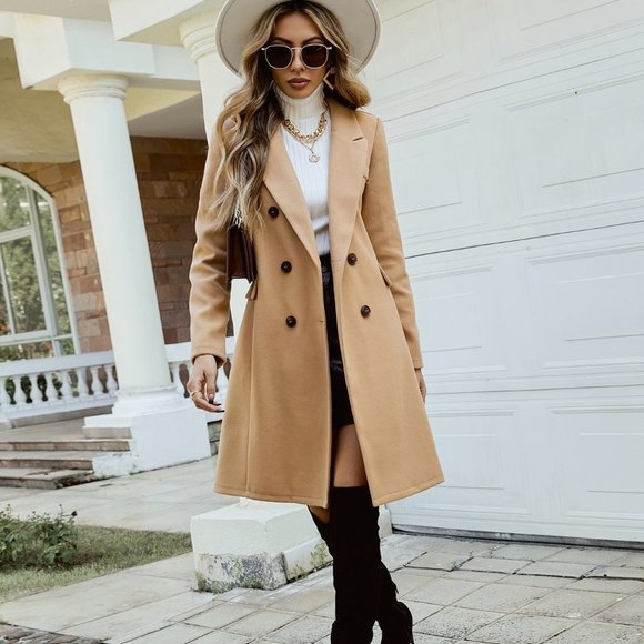 Khaki Preppy Womens Lapel Collar Double Breasted Overcoat - Picture 1 of 5